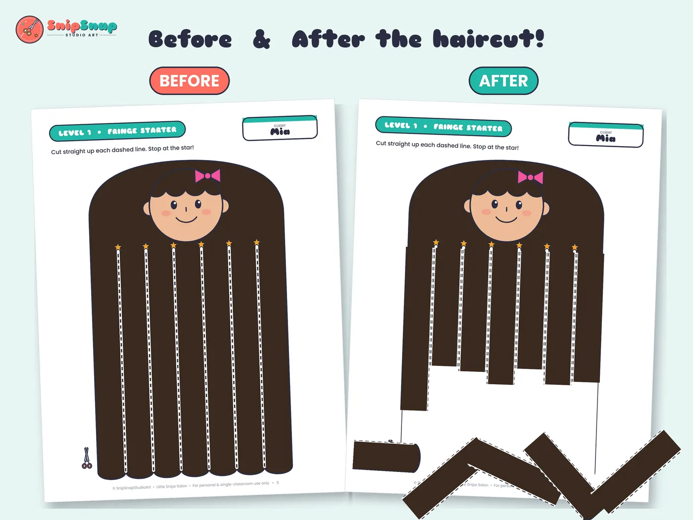 Before and after: a Little Snips Salon page with long hair strips, then the same page after the child's haircut