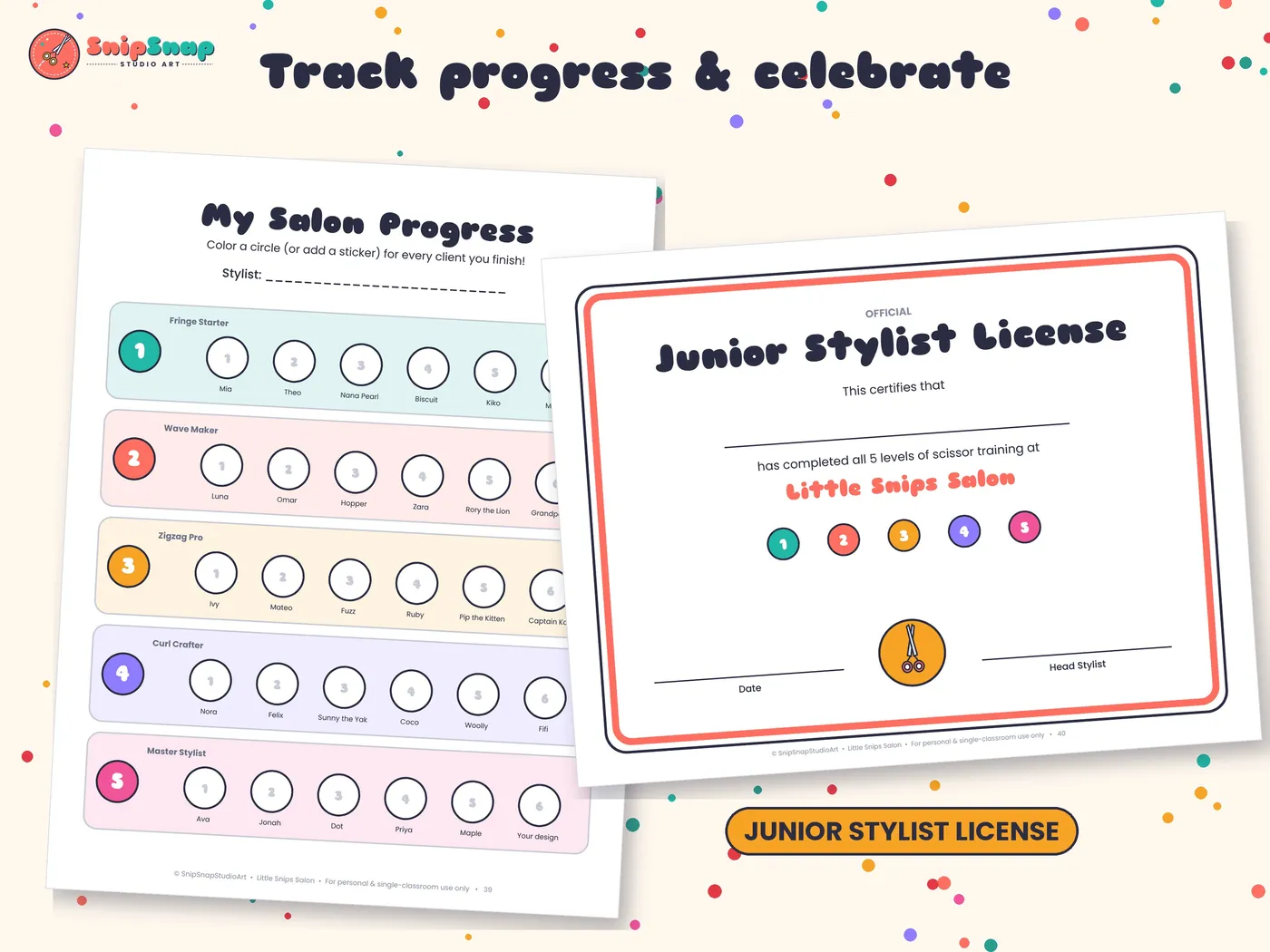 Salon progress chart and Junior Stylist License certificate