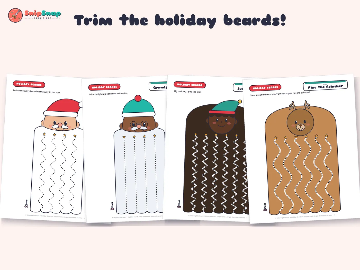 Holiday Beards pages: Santa, Grandpa Frost, Juniper the Elf and Pine the Reindeer
